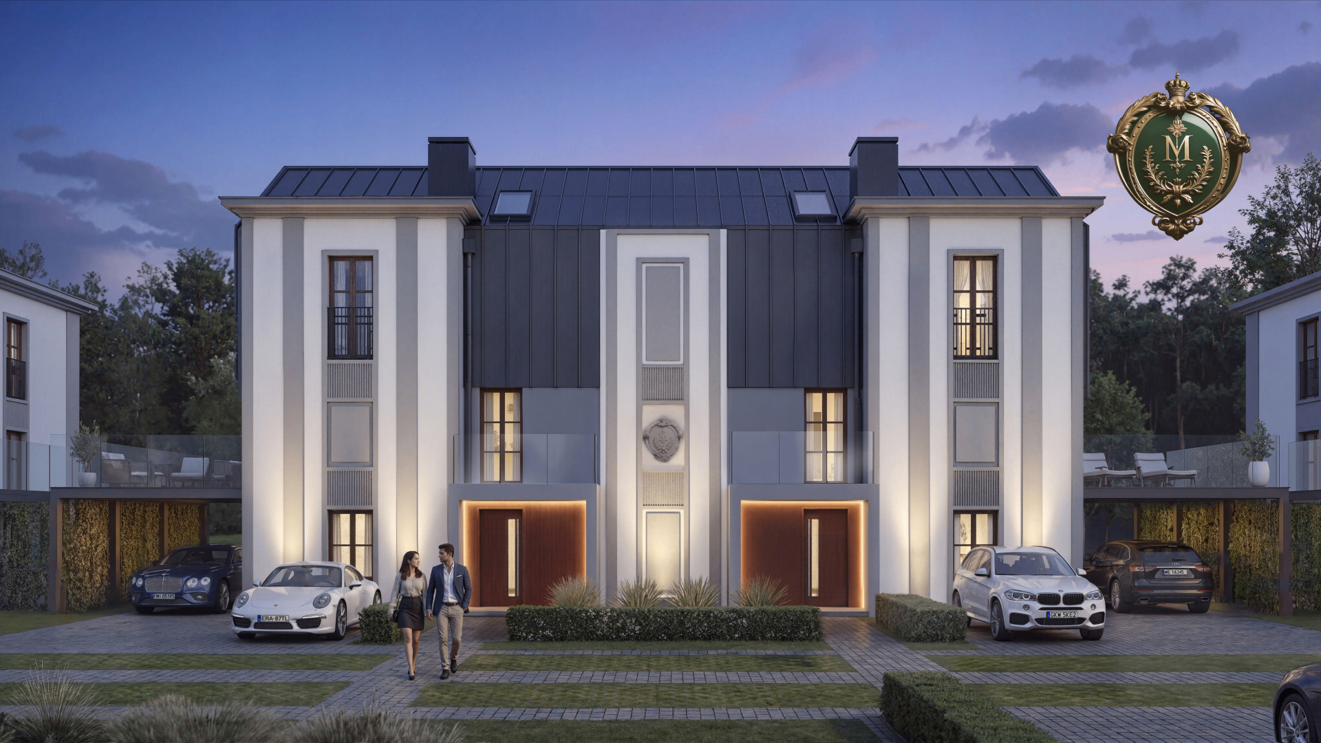 Manor Park Wilanów — fasada Rezydencji o zmierzchu